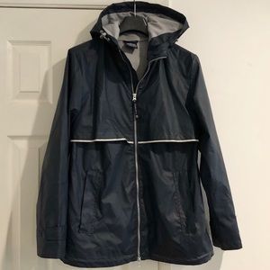 Navy& Grey Women’s Rain Jacket w Hood runs Med.